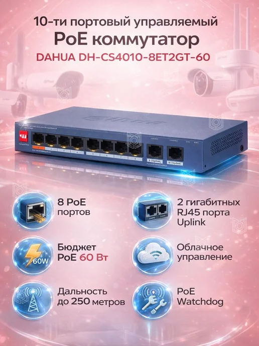 Dahua Коммутатор PoE 10-ти портовый DH-CS4010-8ET2GT-60, вариант