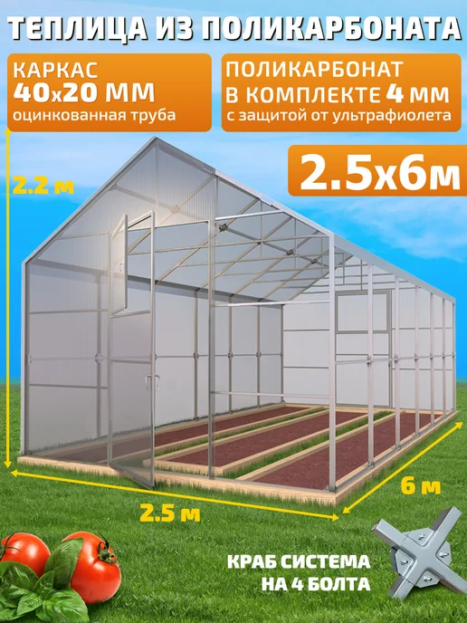 TEPLITSA-RUS Теплица Двускатная из Поликарбоната 2.5х6м Дворцовая Люкс, 6 м