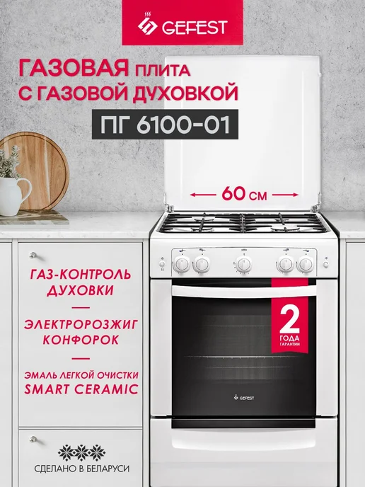 GEFEST Газовая плита с духовкой для кухни ПГ 6100-01 60 см, белый