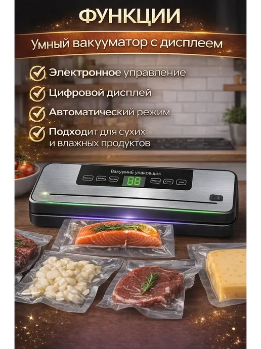 Вакууматор для продуктов с запайкой для мяса, рыбы, овощей, черный