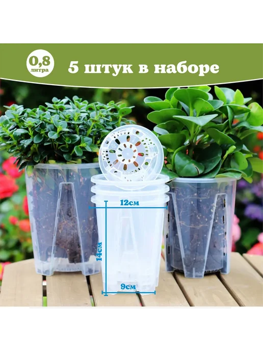 Набор горшков для цветов 5 шт, 14 см, 0.8л, Прозрачный, 5 шт, 800 мл, фото 2