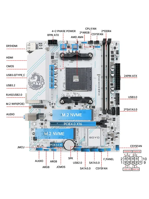SOYO системная плата B550M AM4 DDR4 M-ATX M.2 NVME ARGB, белый, фото 3