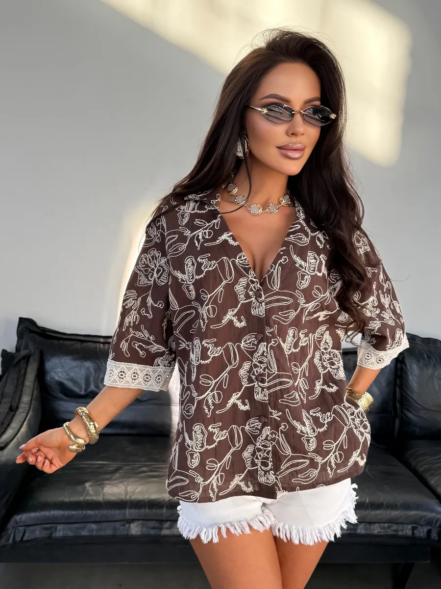 Коричневая блузка рубашка летняя льняная