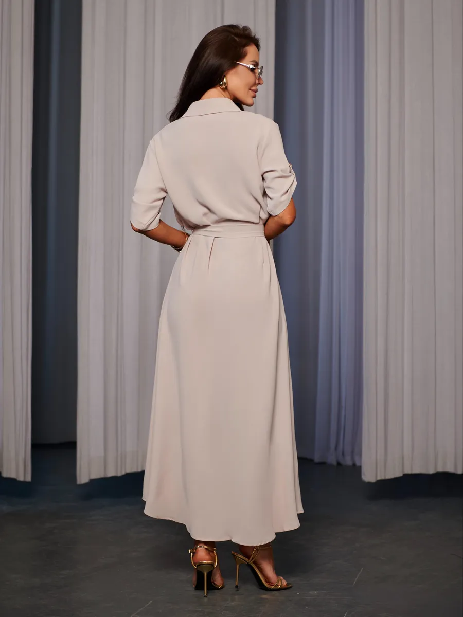 Бежевое длинное летнее платье повседневное