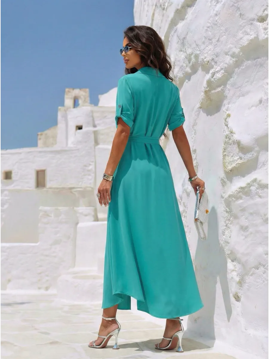 Бирюзовое длинное летнее платье повседневное