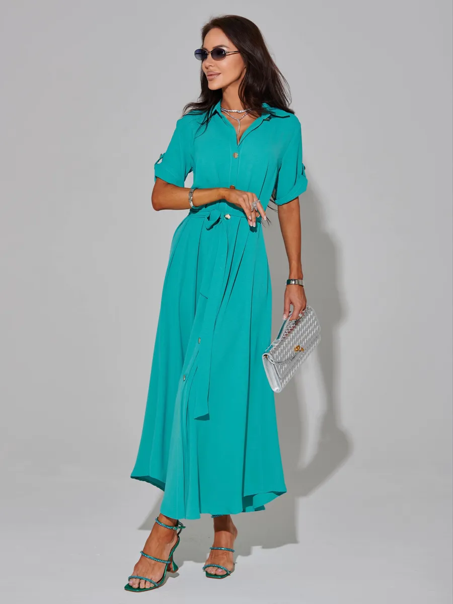 Бирюзовое длинное летнее платье повседневное