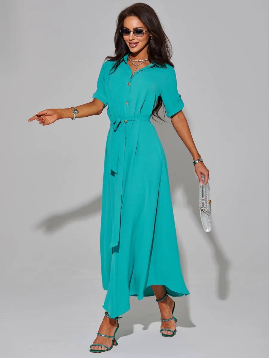 Бирюзовое длинное летнее платье повседневное