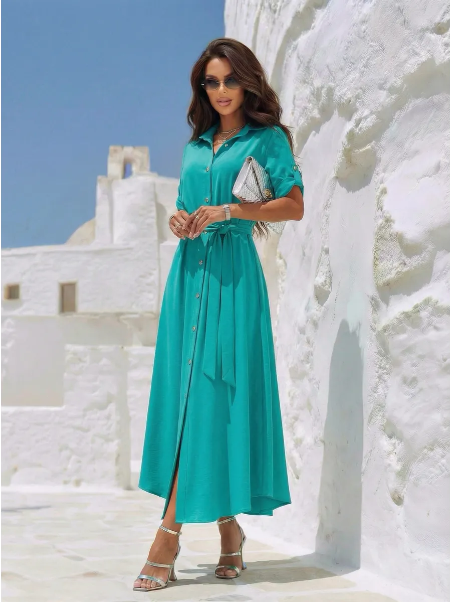 Бирюзовое длинное летнее платье повседневное