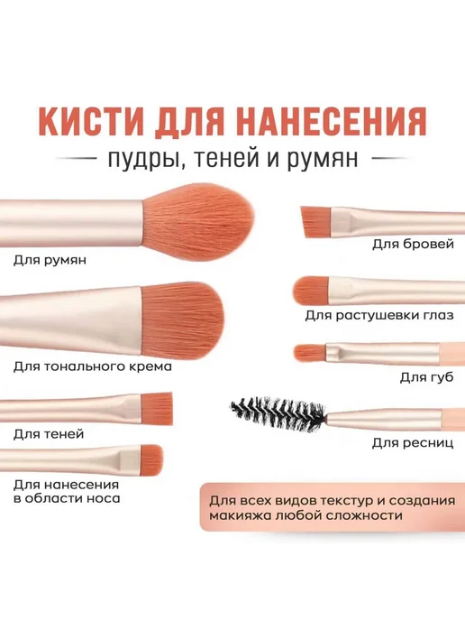 Набор кистей для макияжа для сухих текстур, Розовый 8 шт, 8 шт, фото 3