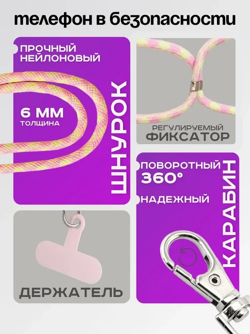 Шнурок для телефона на шею с карабином регулируемый, вариант, фото 3
