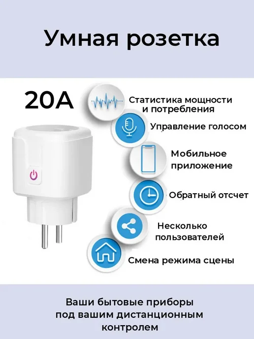 Умная Wi-Fi розетка с Алисой 20А Белый Умная розетка, белый, фото 3