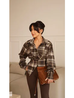 Женская рубашка в клетку весенняя, приталеная, с поясом