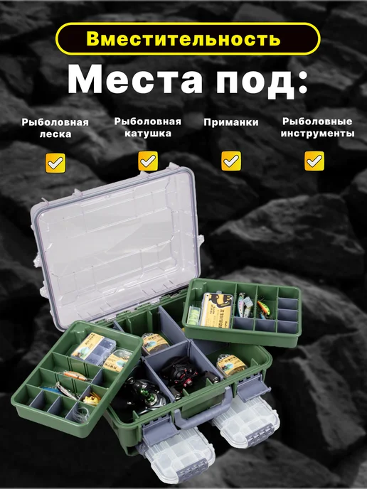 Рыболовный ящик с двумя органайзерами для приманок, зеленый, фото 2