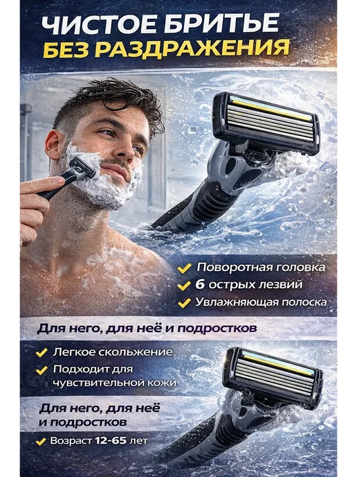 КИКИ2 Бритва мужская с 6 лезвиями и 7 кассетами для семьи, черный, фото 2