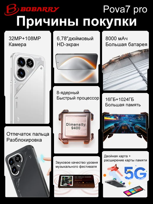 Смартфон Bobarry 2026 Tecn Pova 16/1024 ГБ, черный, фото 3