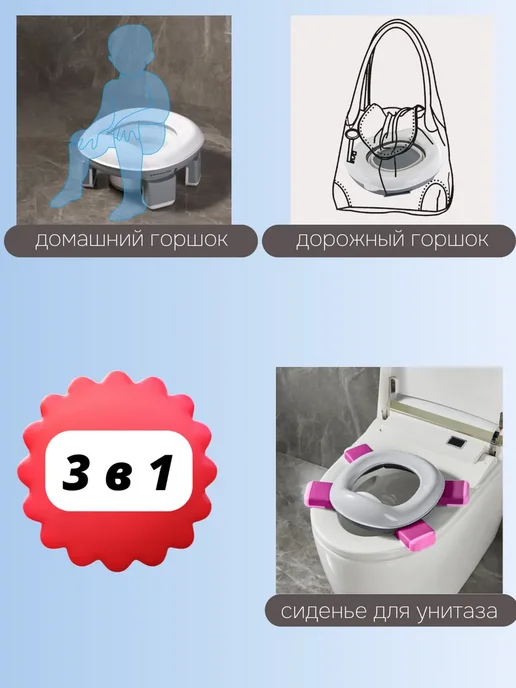 Горшок детский дорожный складной 3в1 насадка на унитаз, розовый, фото 4
