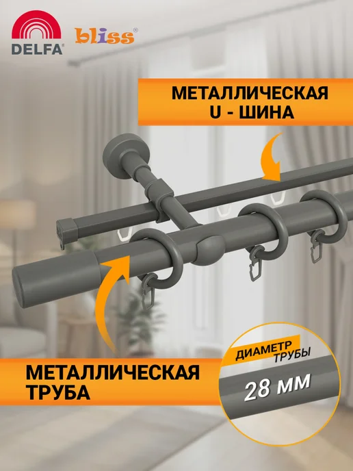 Bliss Dekor Карниз для штор 200 см двухрядный серый гардина настенная, серый, фото 2