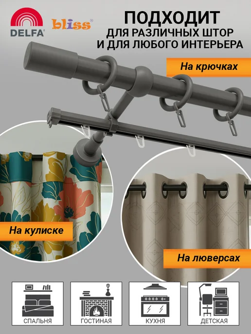 Bliss Dekor Карниз для штор 200 см двухрядный серый гардина настенная, серый, фото 7