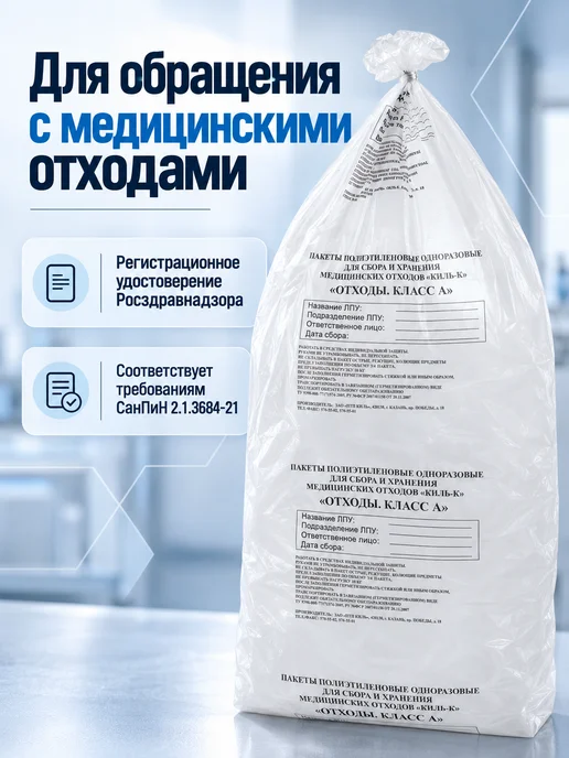 ПТП Киль Пакеты для медицинских отходов класс А 50х60 см 100 шт 30л, 100 л, 50 шт, фото 4