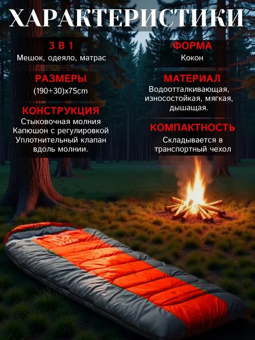 Спальный мешок зимний туристический (190+30)x75cm, серый, фото 2