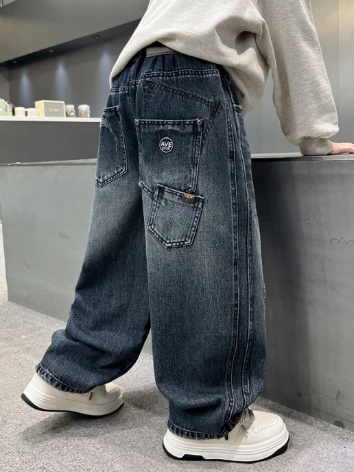 Zazibam kids wear Джинсы на резинке широкие прямые, синий, фото 4