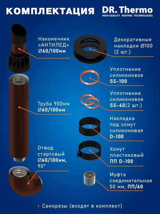DR Thermo Дымоход коаксиальный комплект 60 100 - 0,75 м Коричневый, 0,75 м, фото 2