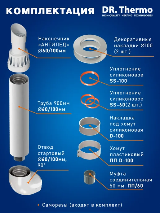 DR Thermo Дымоход коаксиальный комплект с хомутом и муфтой 60 100, 1 м, фото 2