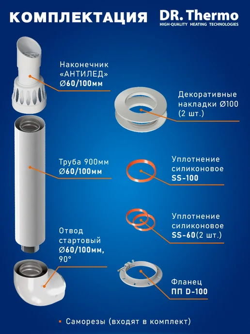 DR Thermo Дымоход коаксиальный антилед комплект 60 100 с фланцем - 1 м, 1 м, фото 2