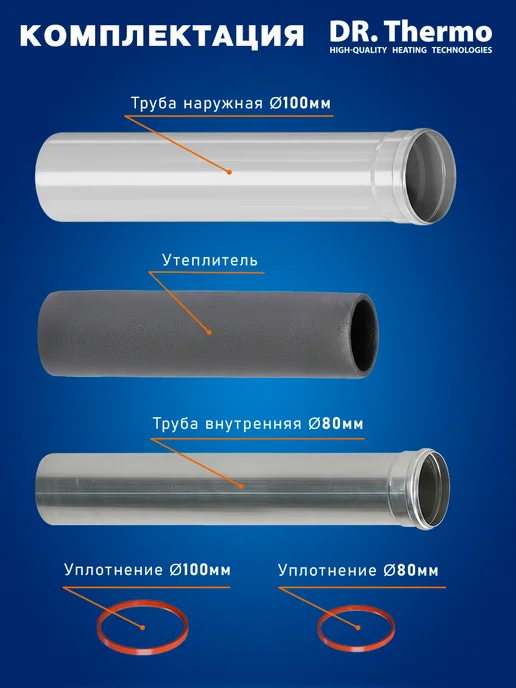 DR Thermo Удлинение дымохода утепленный 80 100 1,0 м с раструбом, 1 м, фото 2