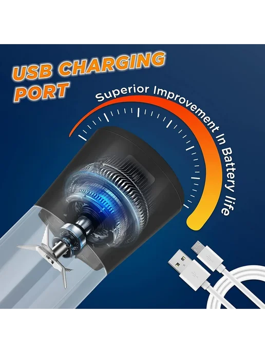 USB блендер 6 лезвий 2000 мАч 380мл, 2000 мАч, 380 мл, фото 3