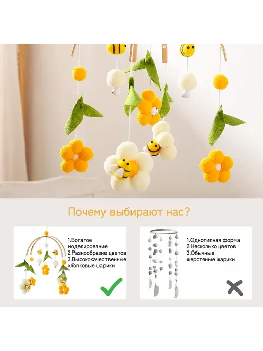 Мобиль на кроватку Пчелки и Цветы, вариант, фото 3