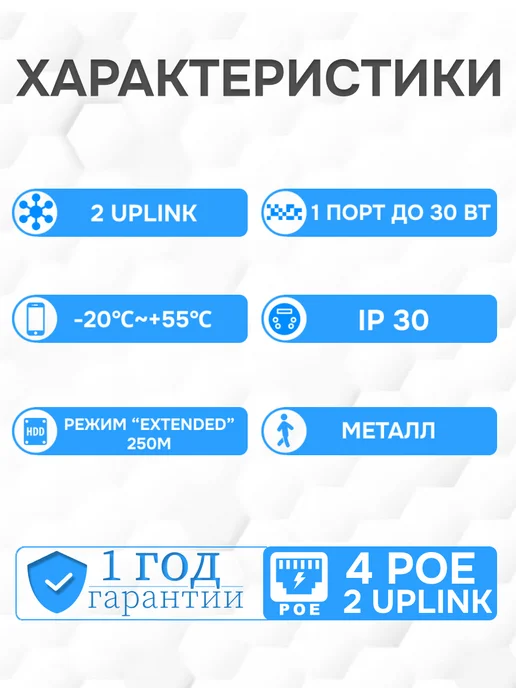 VESTA Коммутатор неуправляемый (свитч) на 6 портов 4 PoE+2 Uplink, вариант, фото 2