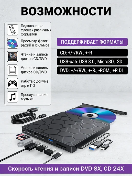 Внешний дисковод для ноутбука и компьютера, вариант, фото 3