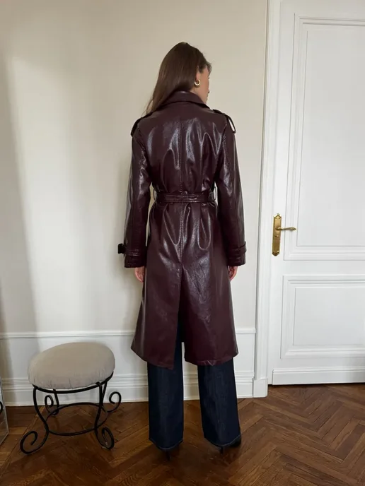 JOJOLADY Плащ тренч лаковый кожаный длинный, красный, фото 4