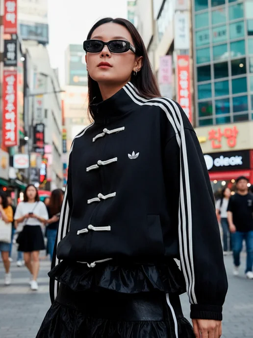 FAKE ID Кофта олимпийка в китайском стиле Adidas зипка у2к худи, черный, фото 2