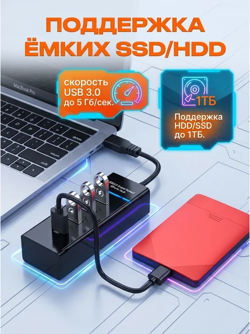 Usb разветвитель хаб 4в1 USB3.0, черный, черный, фото 4