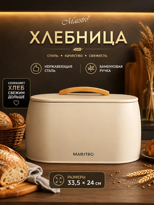 feel Maestro at home Хлебница металлическая с крышкой 33х23х19cм, бежевый