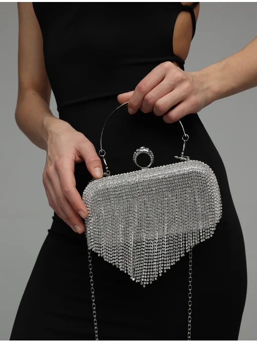 YOUR_BAG Сумка вечерняя блестящая на цепочке с бахромой, серый, фото 4