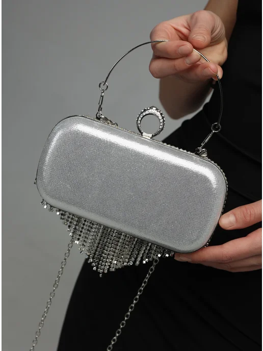 YOUR_BAG Сумка вечерняя блестящая на цепочке с бахромой, серый, фото 7