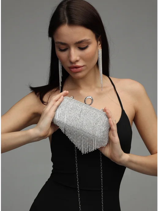 YOUR_BAG Сумка вечерняя блестящая на цепочке с бахромой, серый, фото 8