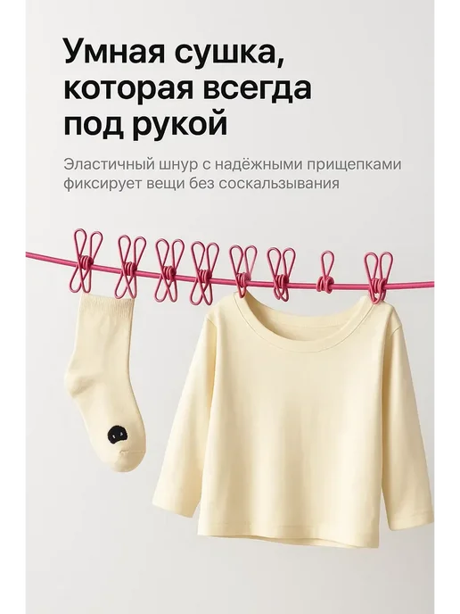 LI4 Сушилка для белья веревка резинка с прищепками, вариант, фото 6