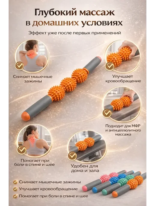 Массажёр палка, скалка для тела с шипованными мячами, голубой, фото 3