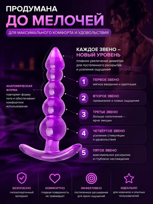 YouSaleHub Анальная пробка Ёлочка гелевая, фиолетовая 5 звеньев, фиолетовый, фото 5