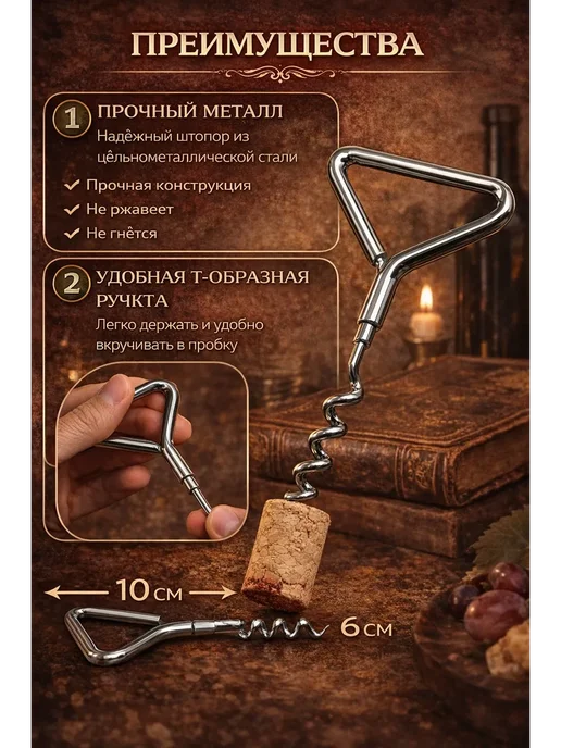 гулис классический штопор для вина металлический прочный, серый, фото 2