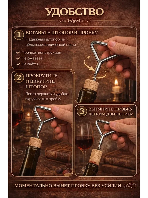 гулис классический штопор для вина металлический прочный, серый, фото 3