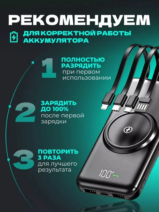 Micro World Повербанк 20000 мАч с проводами, с быстрой зарядкой, 20000 мАч, фото 3