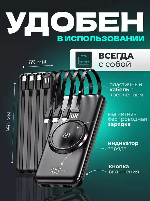 Micro World Повербанк 20000 мАч с проводами, с быстрой зарядкой, 20000 мАч, фото 4