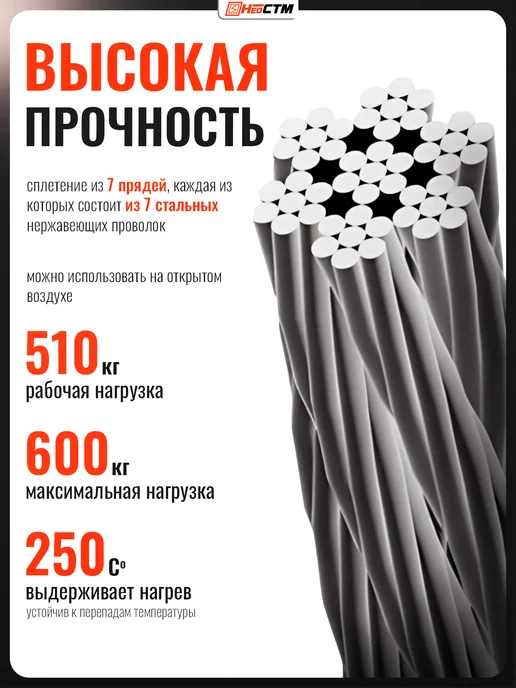 NeoSTM Стальной трос нержавеющий 3 мм 20 метров + 4 зажима, 20 м, фото 2