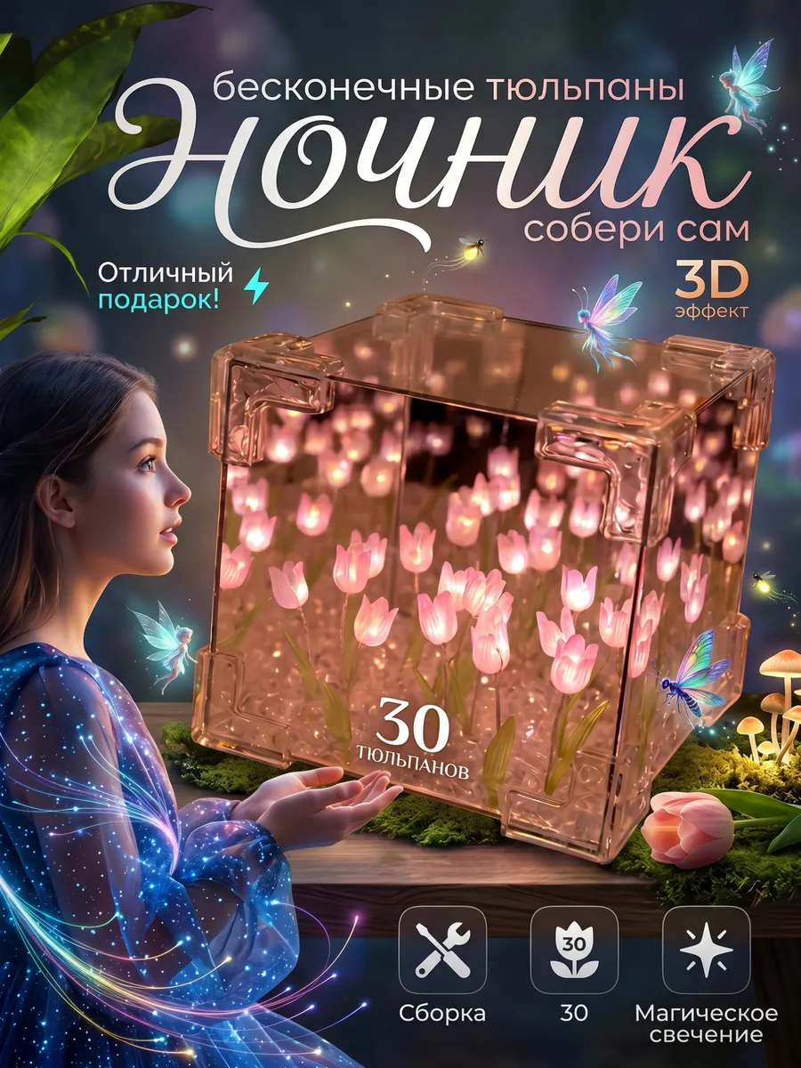 Бесконечные тюльпаны в кубе детский ночник