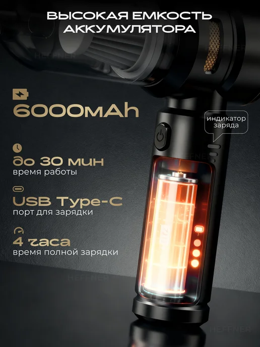HEFFNER Пылесос для автомобиля мощный беспроводной с насадками, черный, фото 5